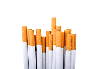 Cigarette with an orange filter lie close to each other isolated on white background