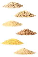 a collage of different cereals on a white isolated background