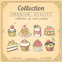 Set of hand-drawn vector icons pastries. Collection of cupcakes.