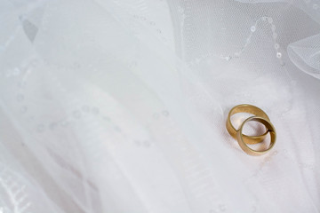 Two wedding rings laying on wedding dress