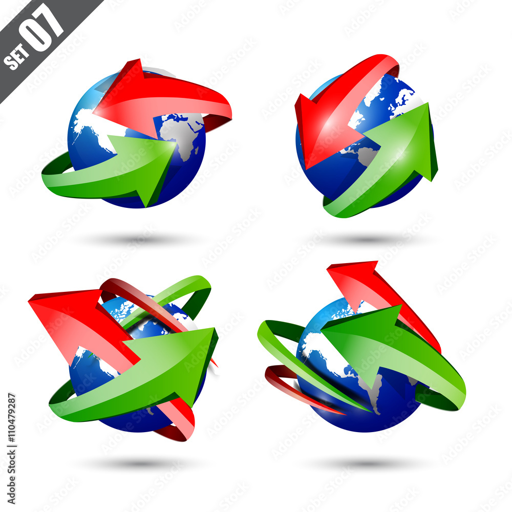 Poster collection of defference 3d globe and world map with red shine a