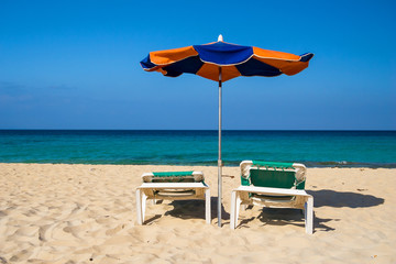 umbrellas on beach, Fuerteventura, Canary Islands.