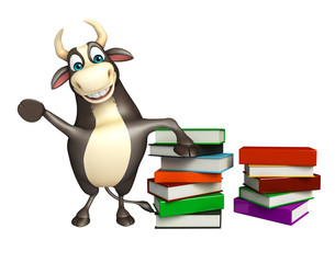 Bull cartoon character with book stack