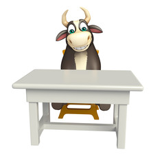 Bull cartoon character with table and chair