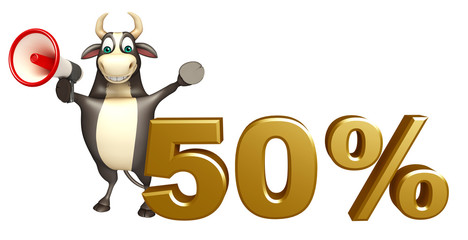 Bull cartoon character  with loudseaker and 50% sign