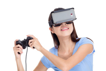 Chinese woman looking though virtual reality device
