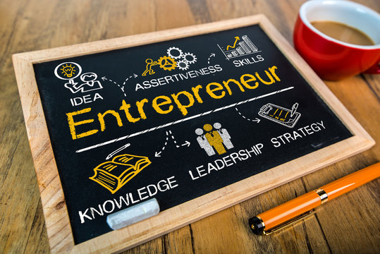 entrepreneur concept with business elements drawn on blackboard