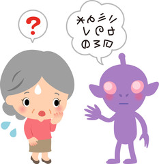 宇宙人に話しかけられて戸惑うシニア女性