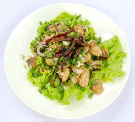 Straw mushroom salad with spicy, Thai traditional food.