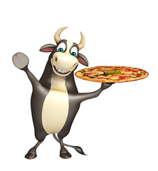 Bull cartoon character  with pizza
