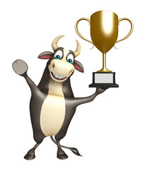 Bull cartoon character with winning cup