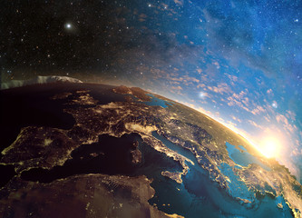 Obraz premium Szczegółowa kolorowa ziemia, wysoce szczegółowa planety ziemia w ranku