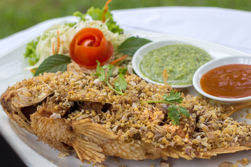 Deep Fried Red Tilapia with Garlic and Pepper, Thai food.