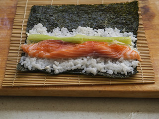 Sushi preparation, ready to roll phase.