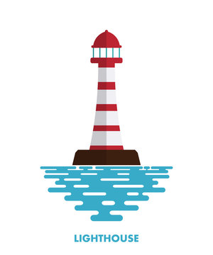 Colored lighthouse with waves on a white background. Icon lighth