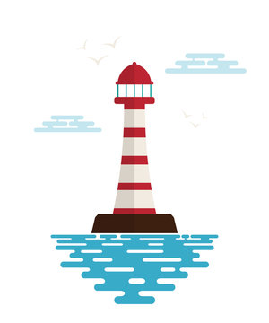 Lighthouse with waves, clouds and birds on a white background. I