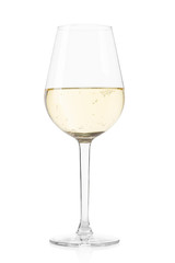 Verre à vin mousseux blanc isolé sur blanc, chemin de détourage