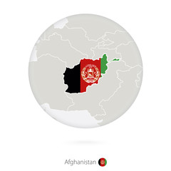 Map of Afghanistan and national flag in a circle.