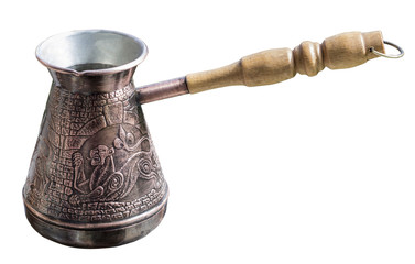Turk for brewing coffee with oriental ornaments in the form of ancient oriental emblem on a white background 