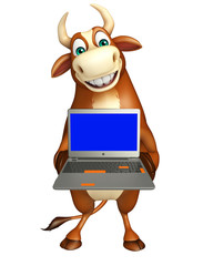 fun Bull cartoon character with laptop