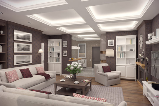 3D rendering of  living room of a classic appartment