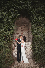 Elegant beautiful wedding couple, bride and groom posing in park near a wall of bushes