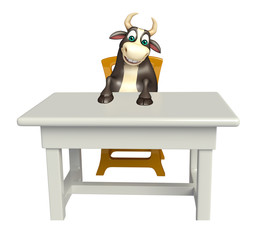 Bull cartoon character with table and chair