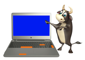 Bull cartoon character  with laptop