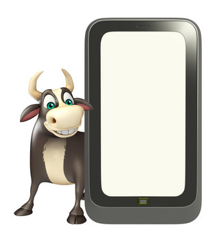 Bull cartoon character  with mobile