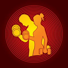 Man and Woman exercises with dumbbell designed on circle light background graphic vector