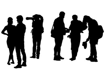 Man with a camera in crowds on white background