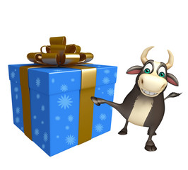 Bull cartoon character with Giftbox