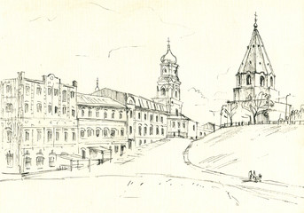 Naklejka premium stara rosyjska etiuda miasta