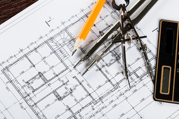 Architect workplace top view.