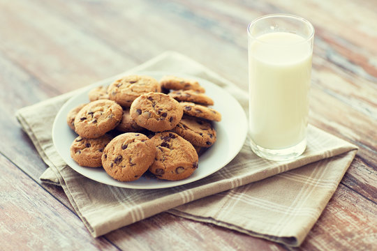 Close Up Of Chocolate Oatmeal Cookies And Milk