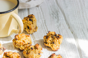 Oatmeal cookies with milk. Copyspace.