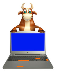 fun Bull cartoon character with laptop