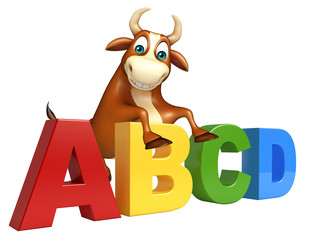 fun Bull cartoon character with ABCD sign