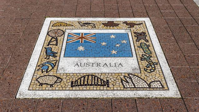 Colorful mosaic tiles, depicting Italy, it's flag and typical images from the country