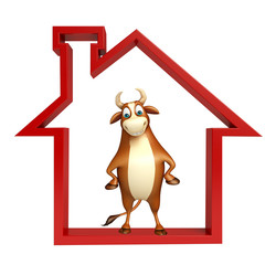 fun Bull cartoon character  with home sign
