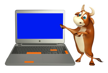 fun Bull cartoon character with laptop