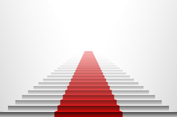 3d image of red carpet on white stair. stairs red