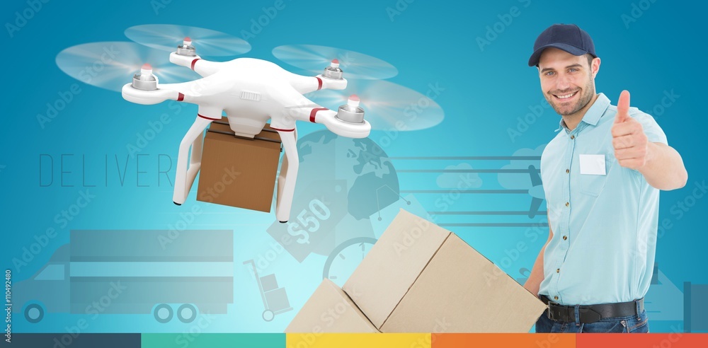 Poster composite image of delivery man with cardboard boxes gesturing t