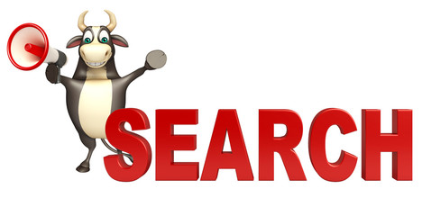 Bull cartoon character  with loudseaker and search sign