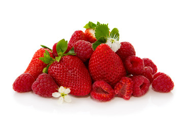 Strawberry  with green leaf and flower isolated on white background.