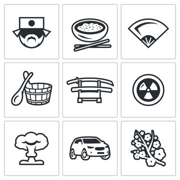 Vector Set of Japan Icons. Japanese, Food, Fan, Bath, Sword, Radiation, Explosion, Car, Sakura.