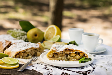 pie, strudel with pear and lemon. Cup of coffee. .Picnic, Breakfast in nature. Food in nature.