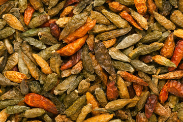 Bhut Jolokia or ghost chili or pepper (Capsicum chinense × Capsicum frutescens). Macro close up background texture. Top view.