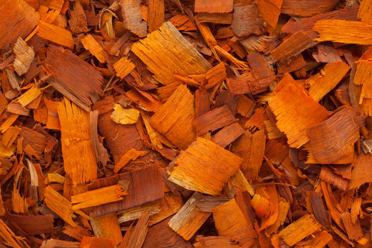 Organic Pathimukham or Sappanwood (Caesalpinia sappan) chips. Macro close up background texture. Top view.