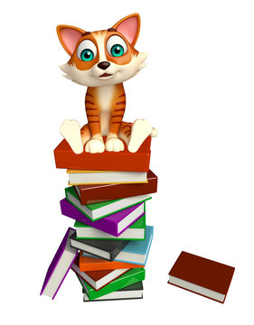 cute  cat cartoon character book stack
